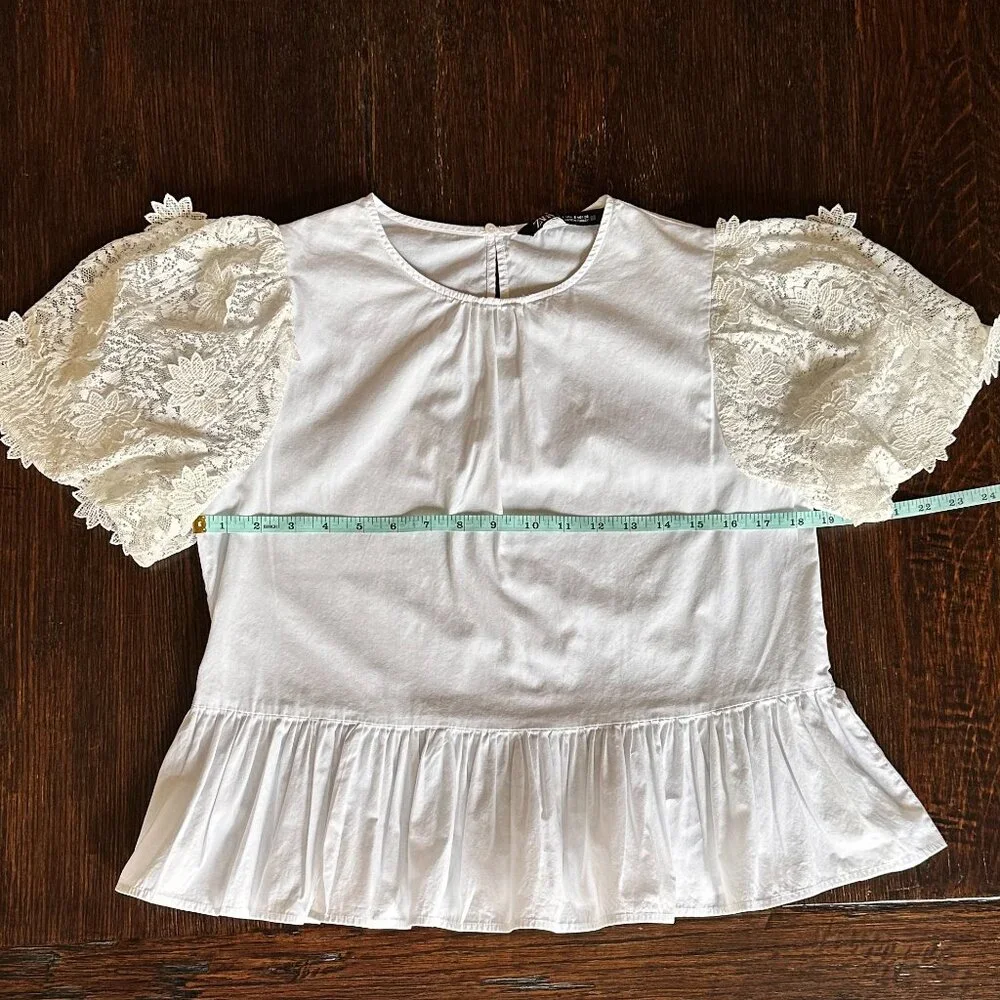 Zara White Lace-Sleeve Peplum Top Size S - Coquette - Picture 7 of 9